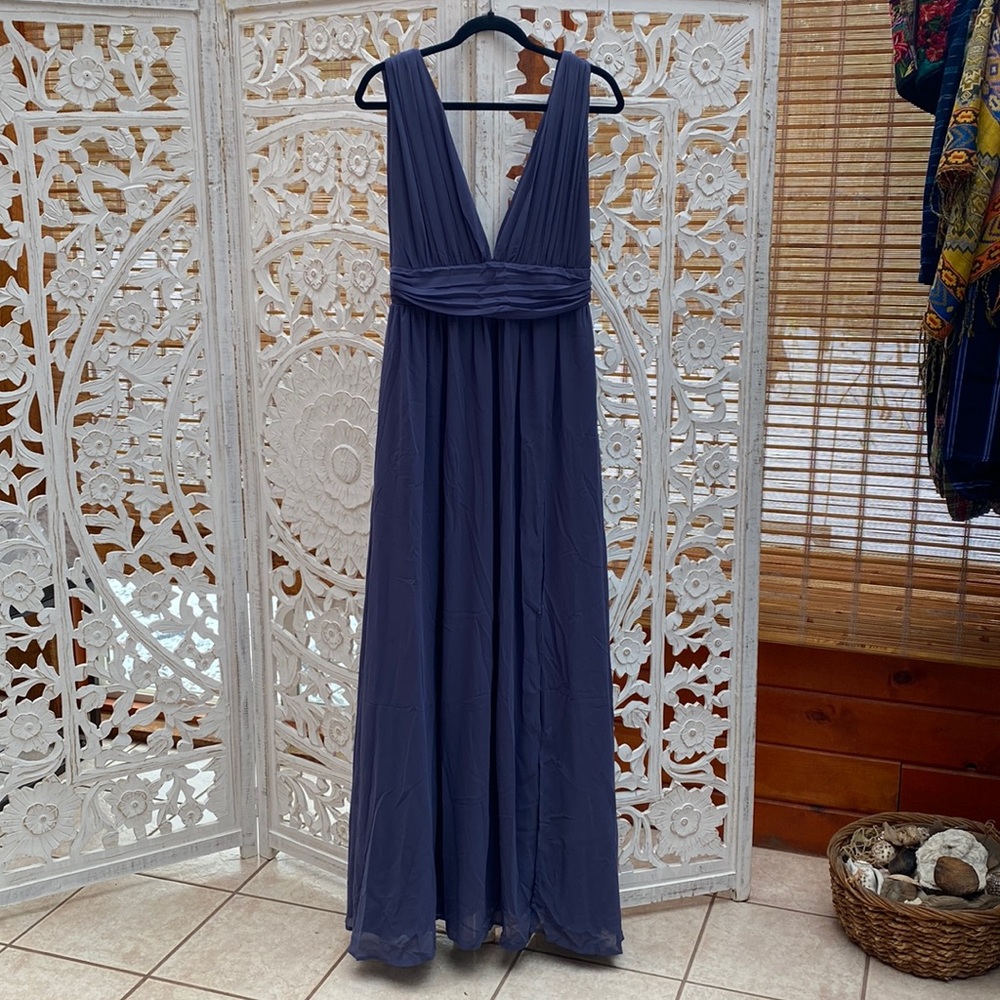 Lulus Steel Blue Chiffon Maxi (Bridesmad or Prom) Dress with  Slit - Medium